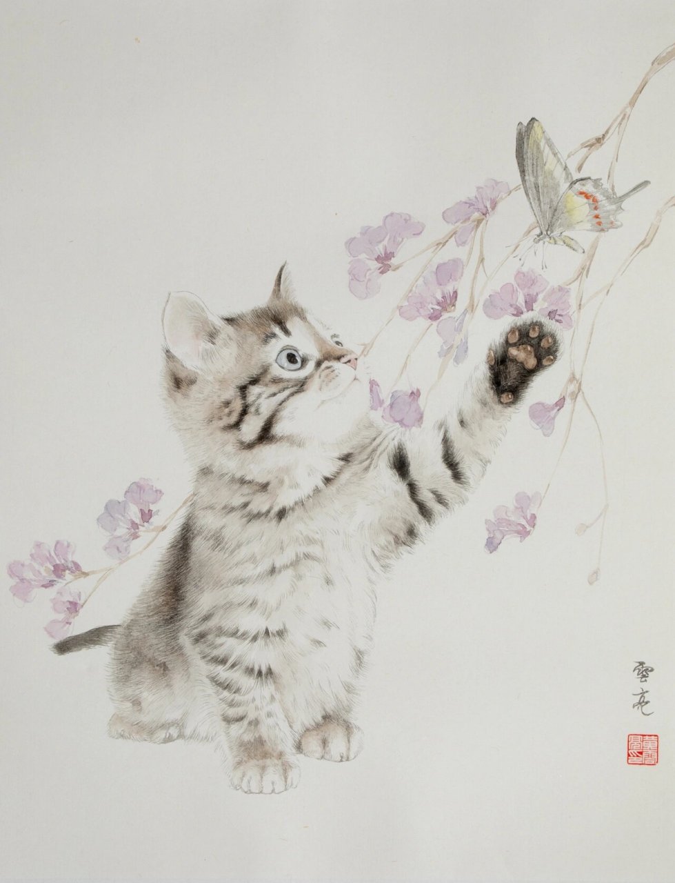黄云亮画猫 国画猫 泡桐花 蝴蝶 戏蝶图 尺寸:33✖️43