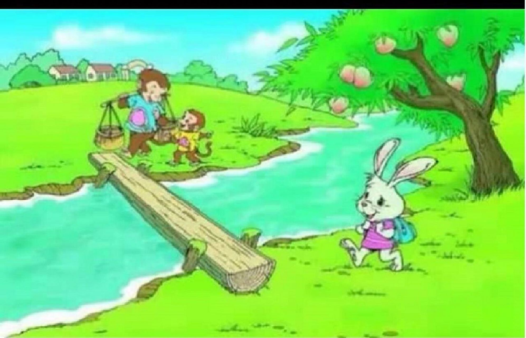 看图写话 小猴过桥 今天天气真不错,轻风拂面,蓝蓝的天空中,飘着几朵