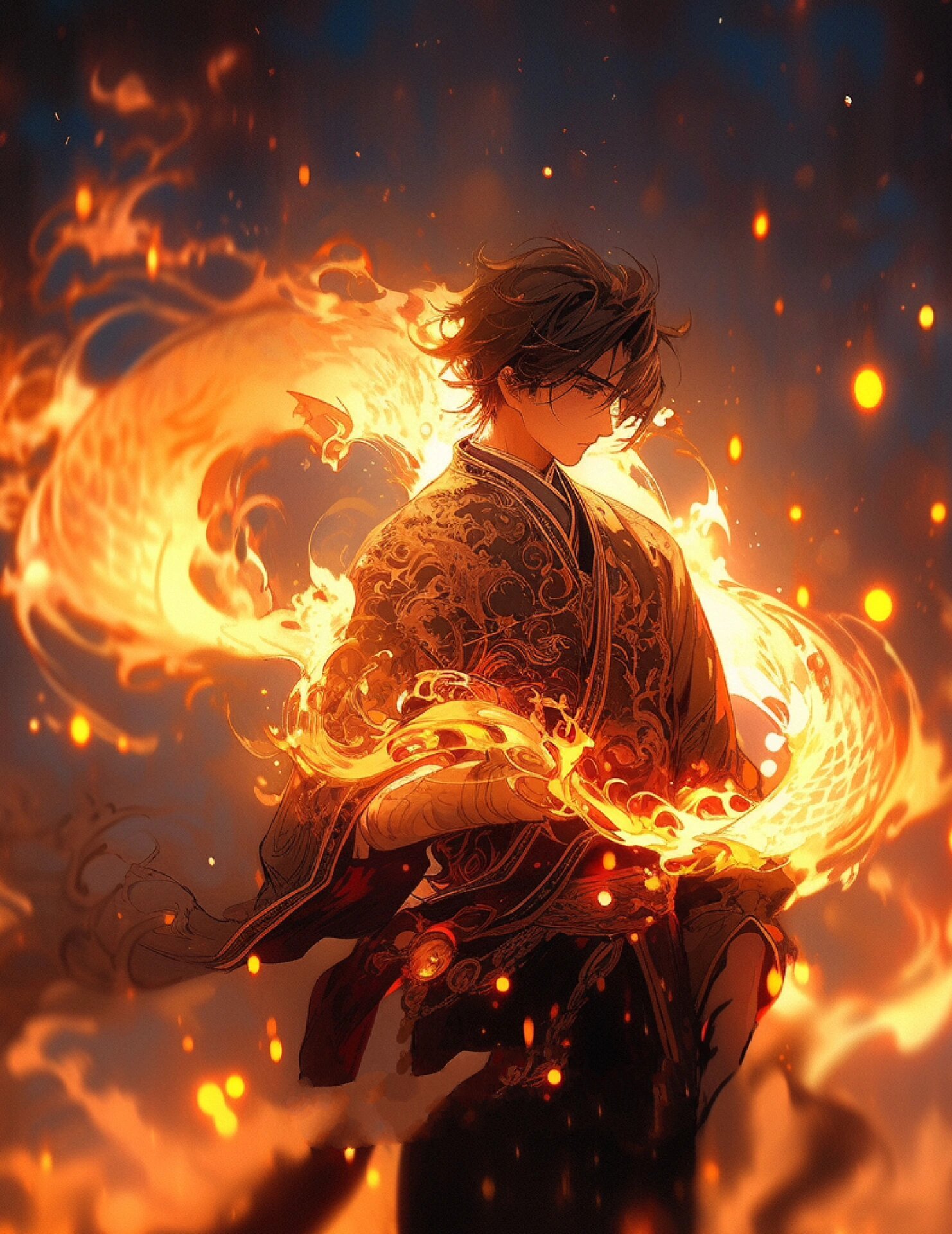 百炼成精,火焰头像 汉服帅哥,被火焰包围,背景是流动的火焰,插画cg