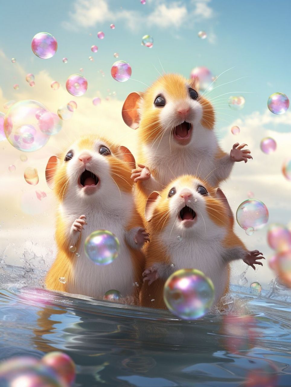 of hamsters,jumping up and play with bubbles,big watery eyes
