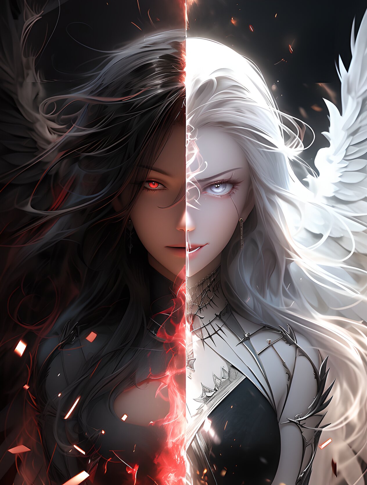 关键描述 史诗级cg海报,油画,一个女孩的两面,左边白色