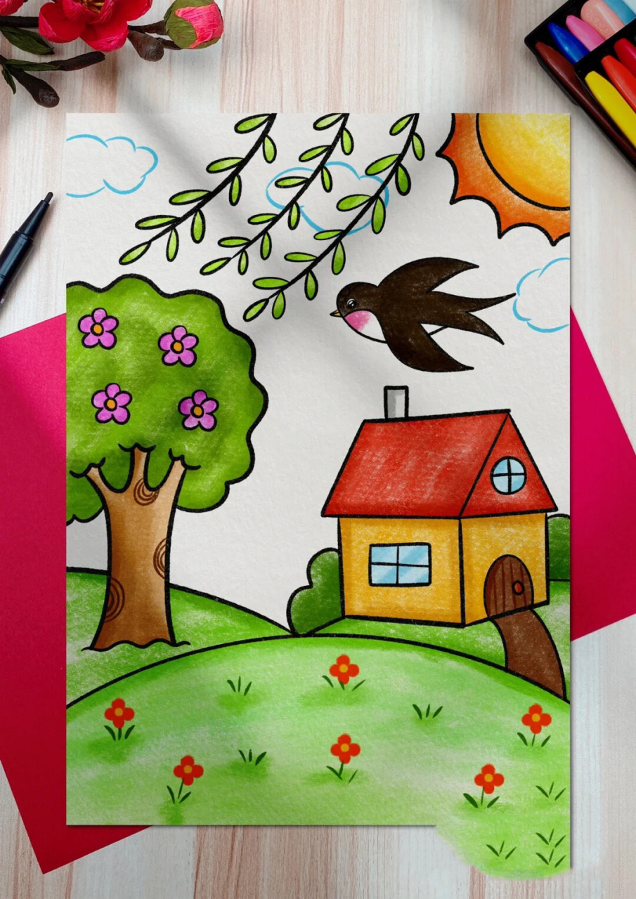 简单又色彩明了  带娃画学校布置的春天主题画,终于给我找到一张简洁