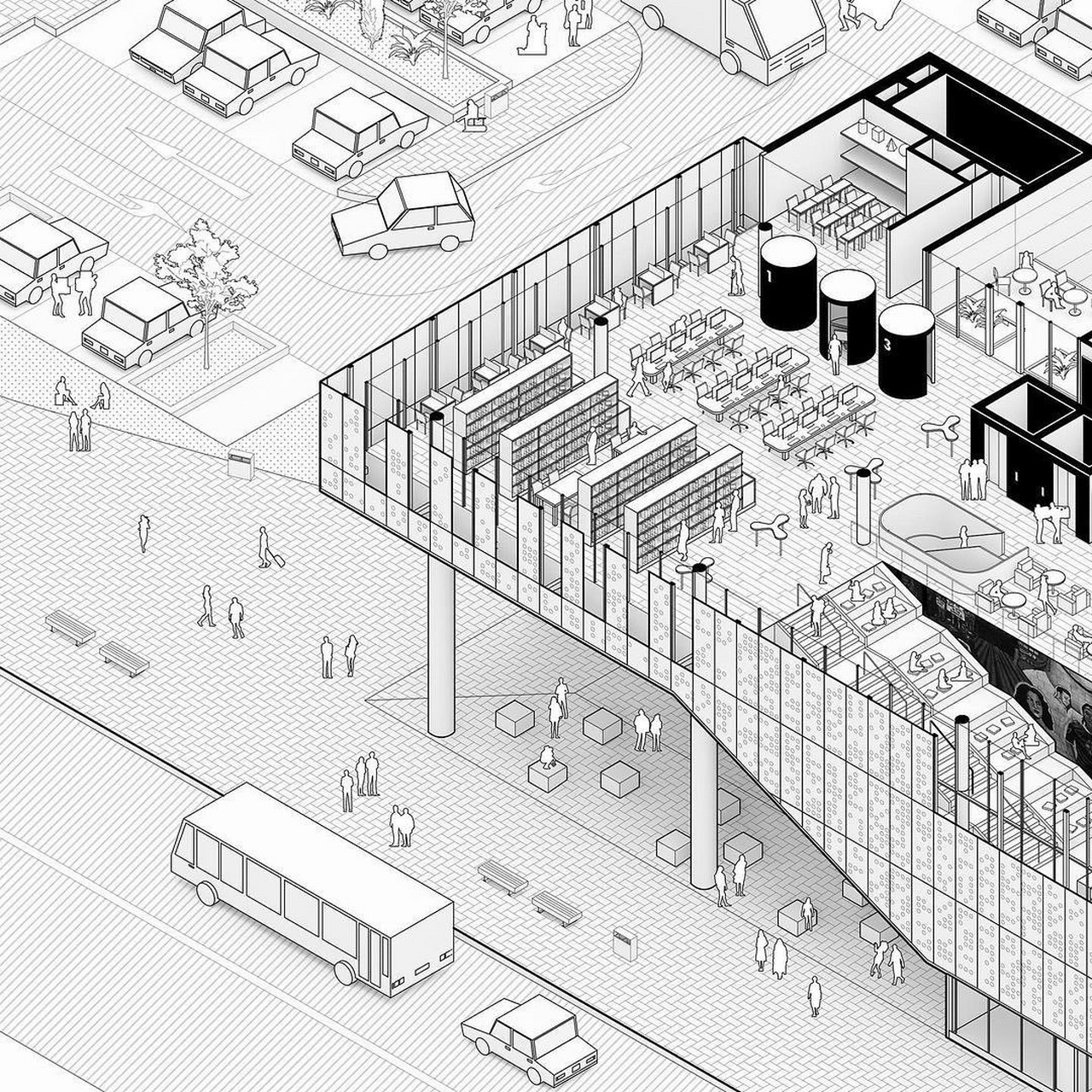 图纸表现|瓜达卢佩分校图书馆 黑白线稿 by:archisource