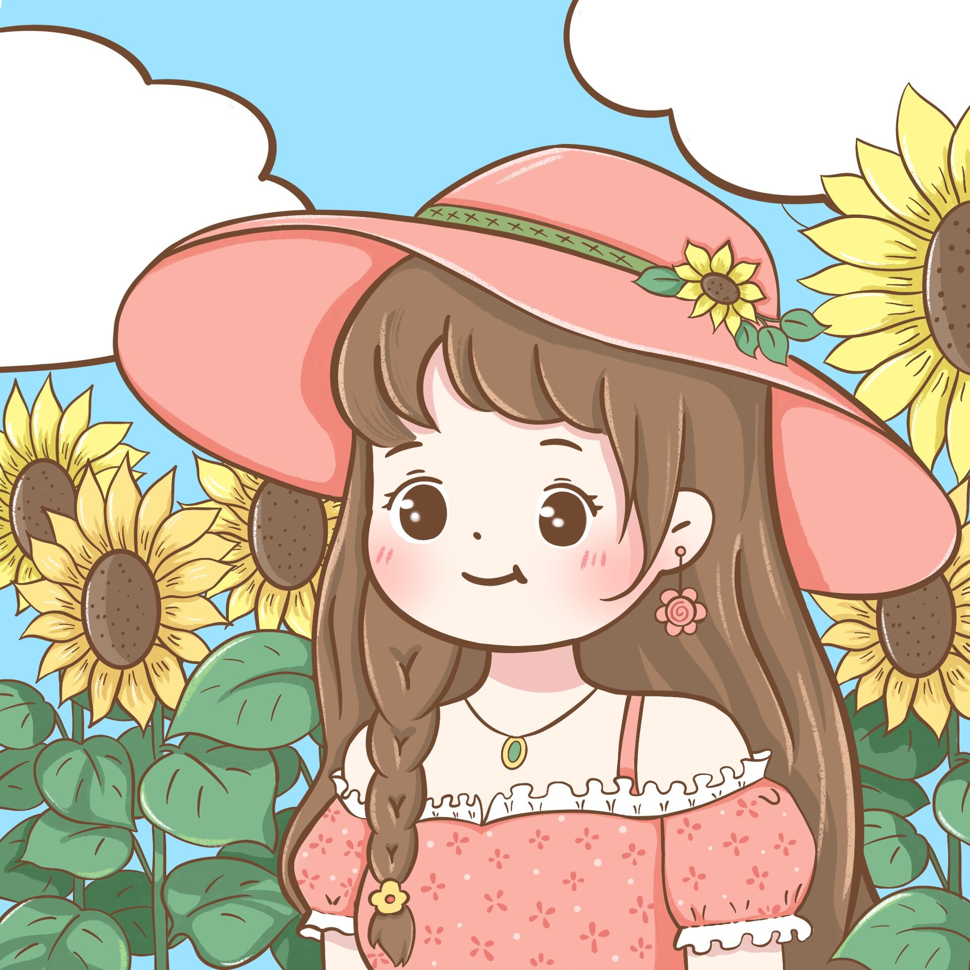 向日葵女孩卡通插画 - q版卡通头像,向日葵,长发女孩～附线稿步骤