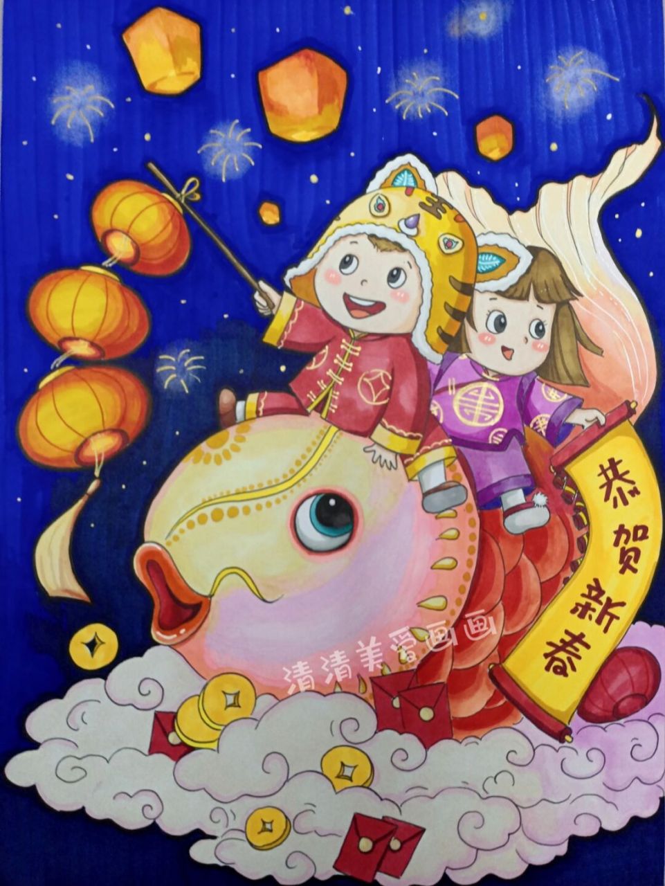 马克笔手绘# #画画# #元旦主题画# #儿童创意画新年主题# #春节主题