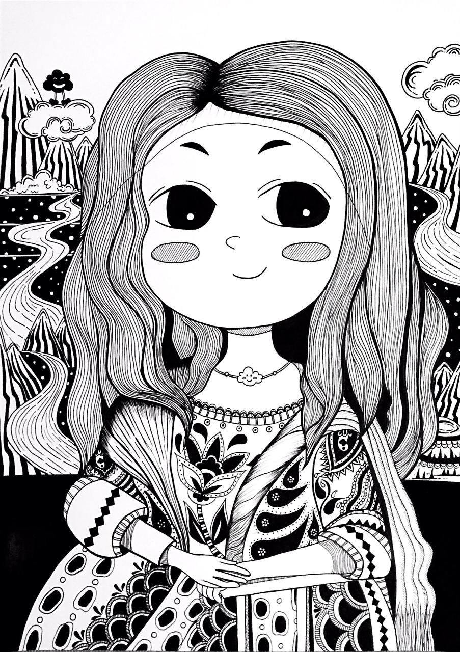 黑白装饰画|名画转线描《蒙娜丽莎》 临摹 画笔:樱花针管笔0.35mm/0.