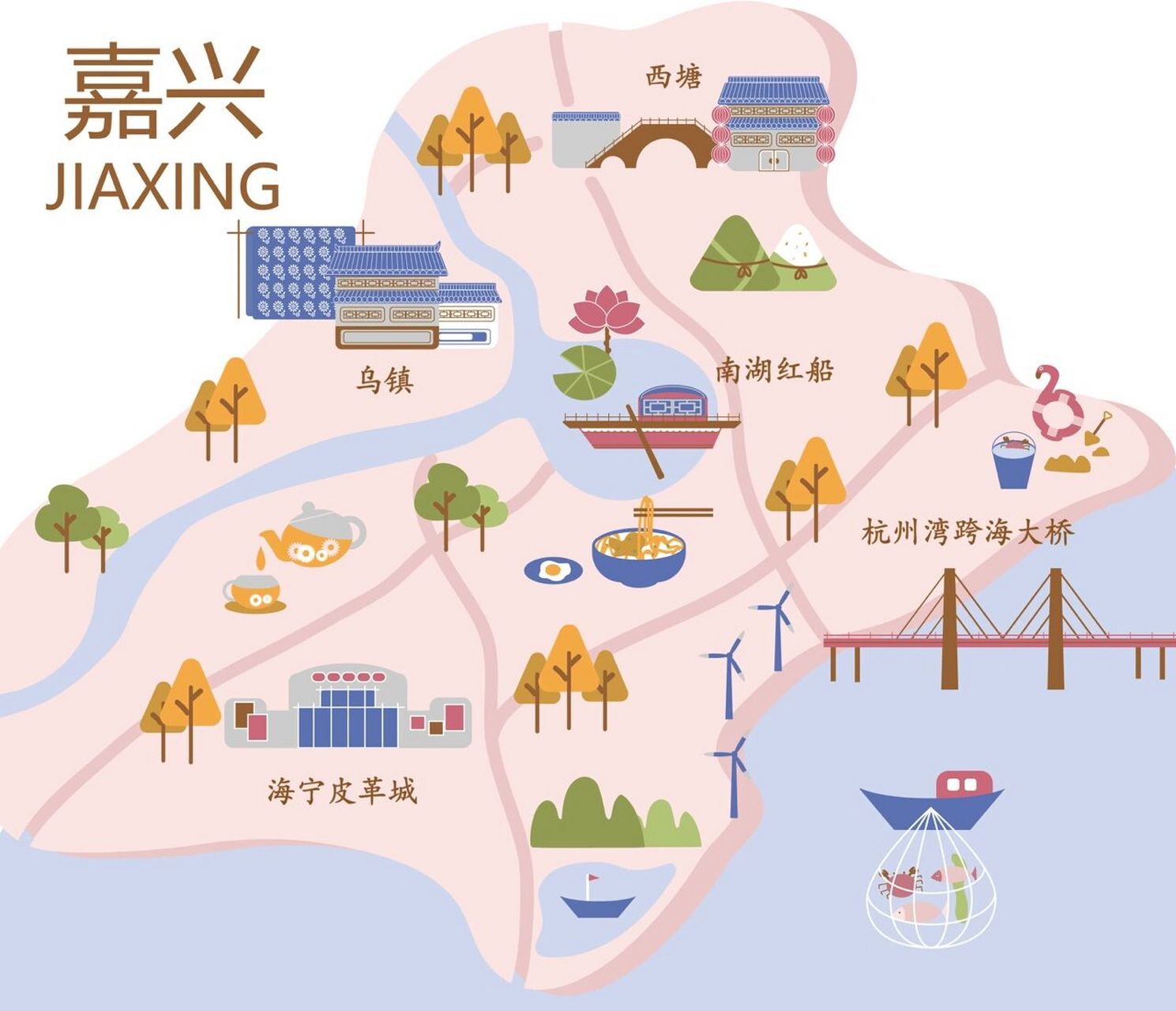 原创矢量地图 嘉兴文旅地图插画,欢迎来嘉兴旅游呀