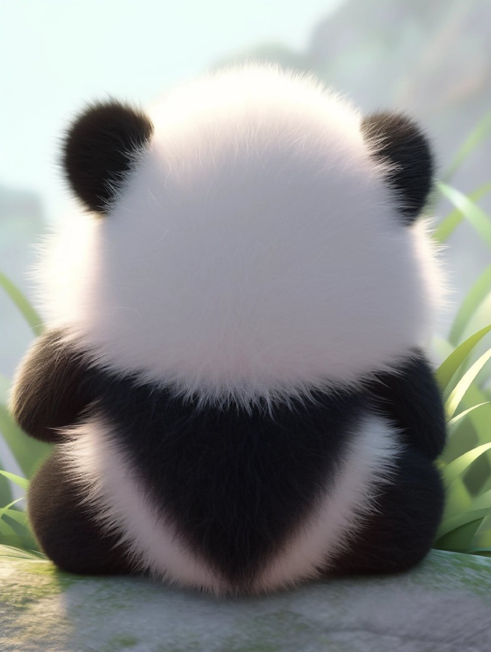 萌萌的可爱大熊猫 一只背面朝向我们,它正在慵懒地享受阳光的大熊猫.