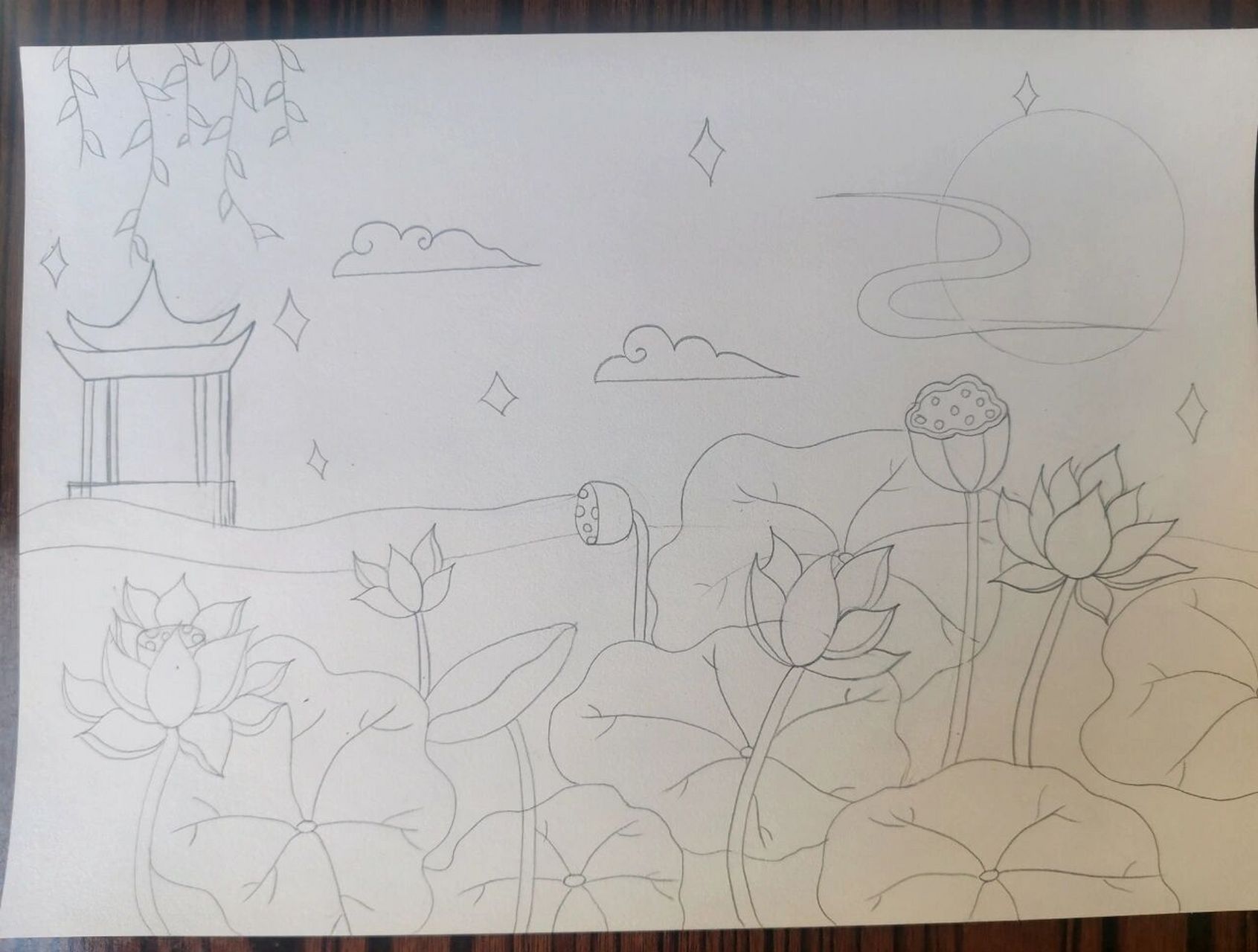 儿童创意夏季主题风景画荷花《荷塘月色》