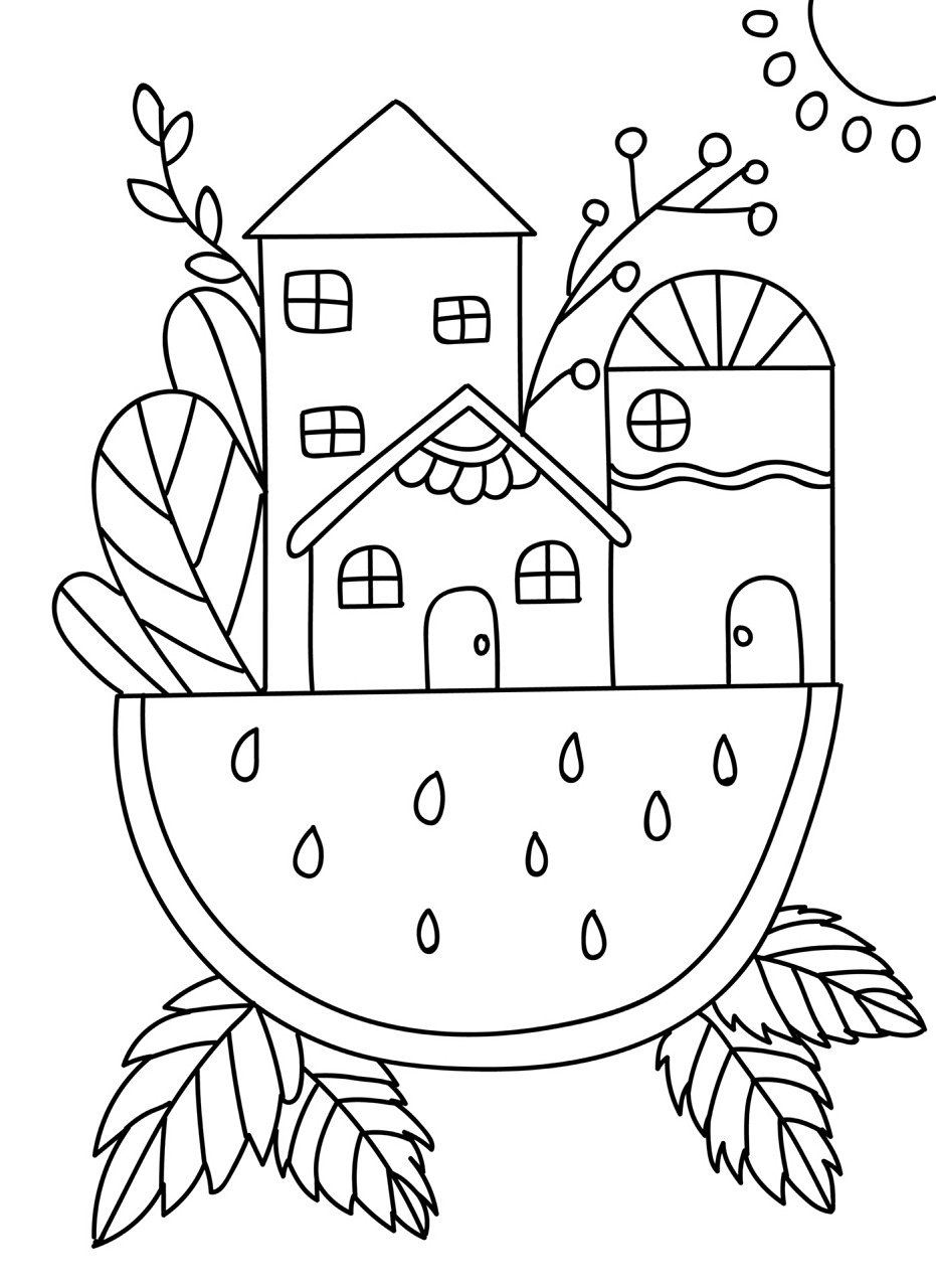 马克笔绘画96儿童画 西瓜房子主题画