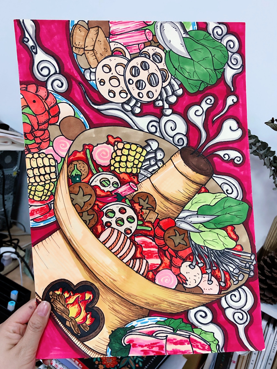 《火锅》线描马克笔画 今天中午赶去吃哥老官,号都要排到凌晨了.