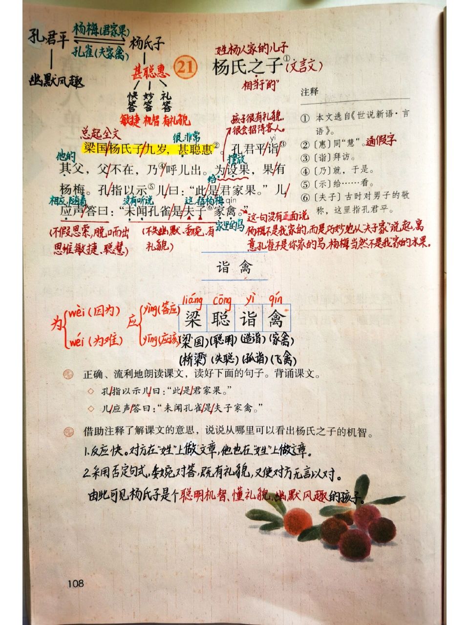 五下语文第21课《杨氏之子》课堂笔记 五下语文第21课《杨氏之子》