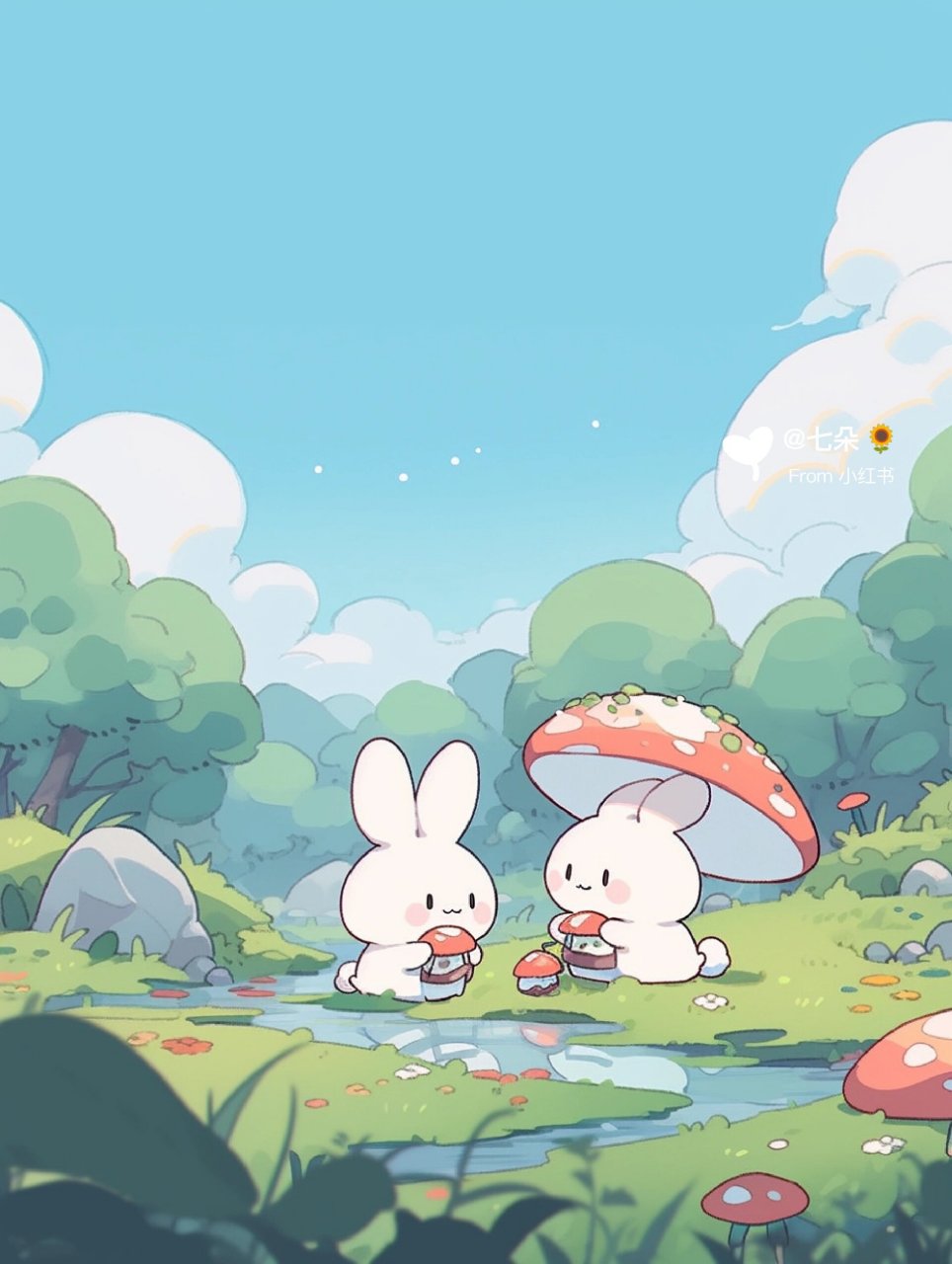 治愈系壁纸|小兔子组团去森林里采花采蘑菇