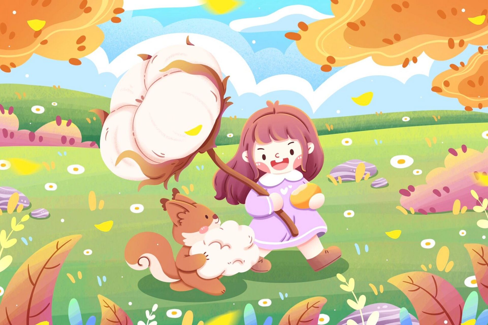 清新秋天女孩与松鼠卡通插画 大白棉花配上小女孩0269♀15和