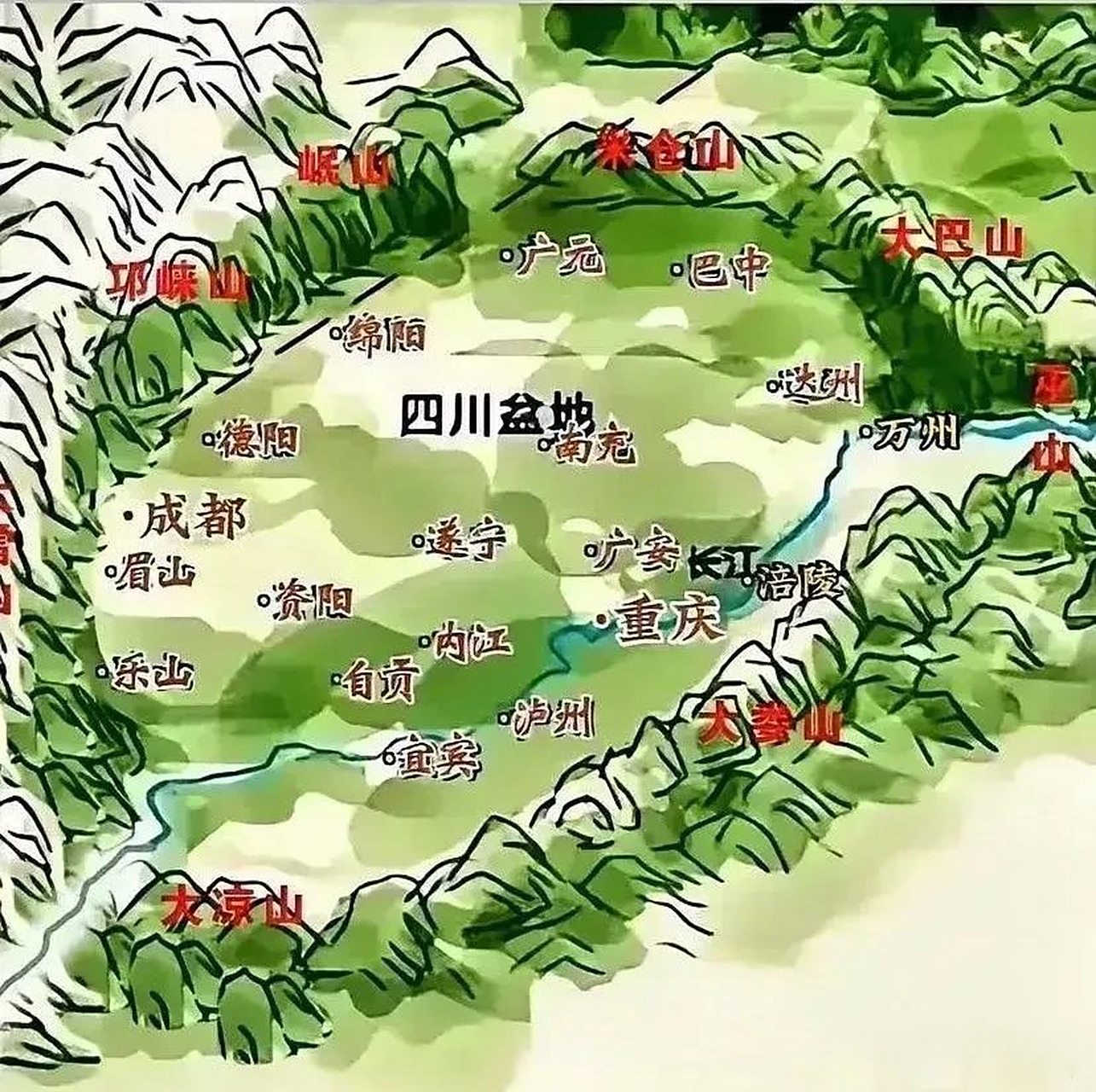 我们四川盆地四面都是大山,中间是平原和浅丘陵地带,形成了物产丰富的