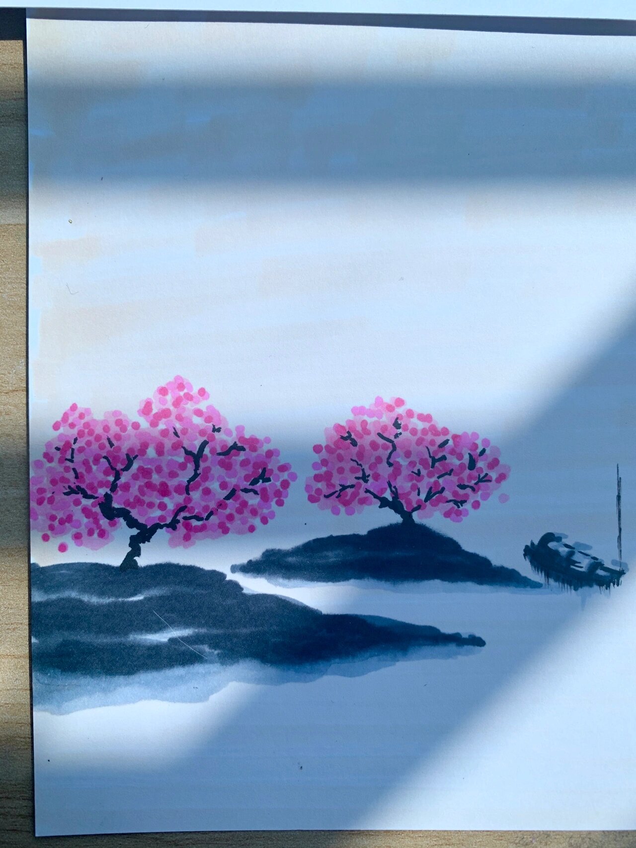 用马克笔也能画国画 用马克笔临摹了一幅国画,江南水乡的山水.