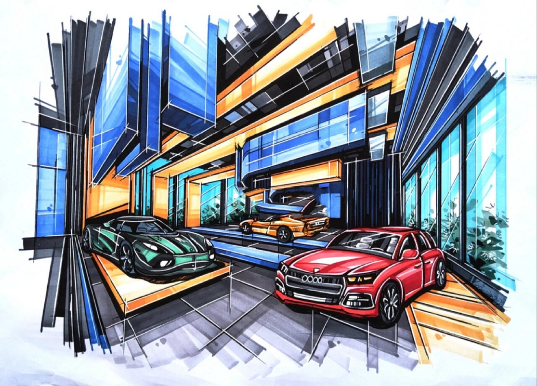 原创|车展,展厅手绘效果图 原创的一张车展效果图 适合改成服装店
