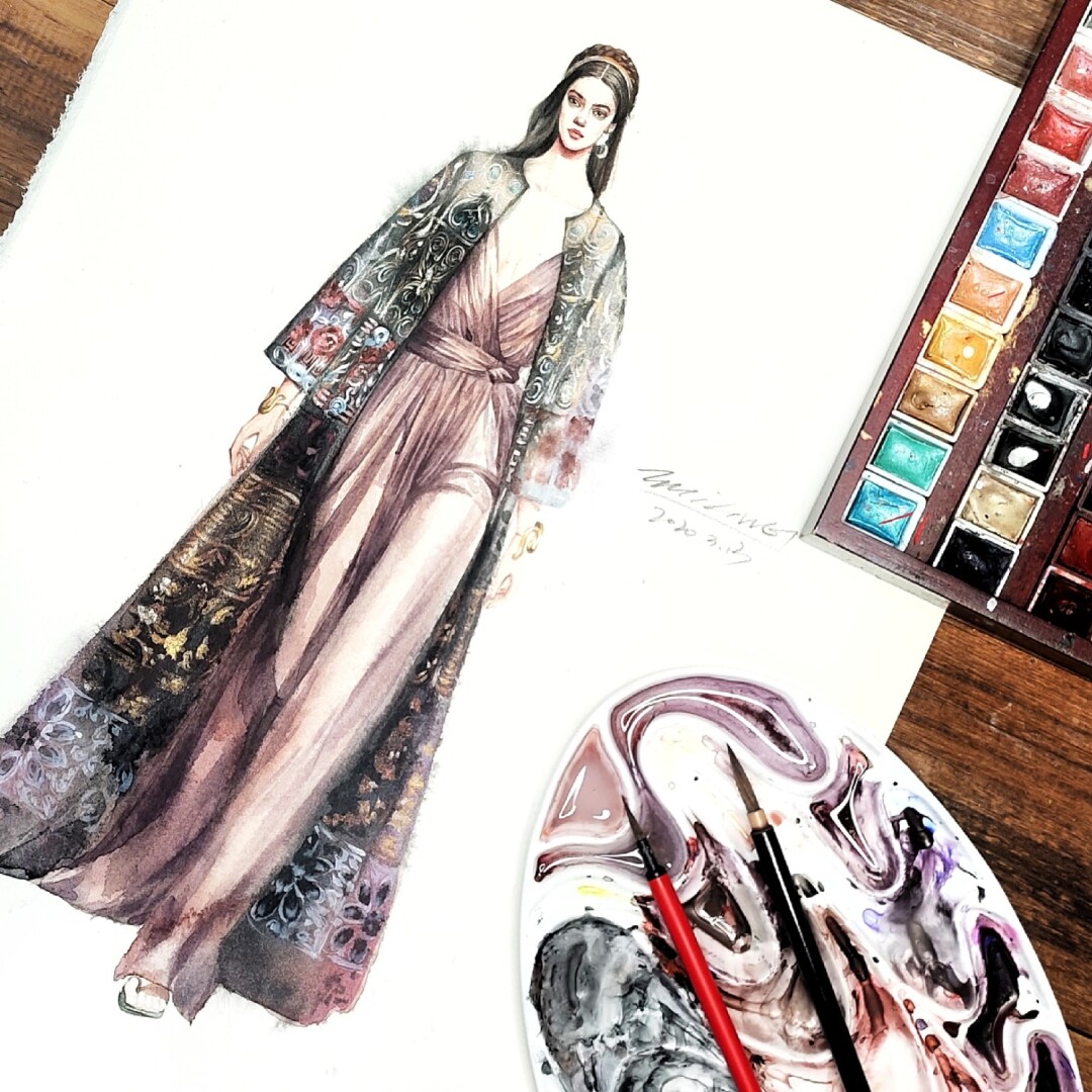 服装设计水彩 金色刺绣的长裙步骤教程  ——dior—— 俗话说笔出其态