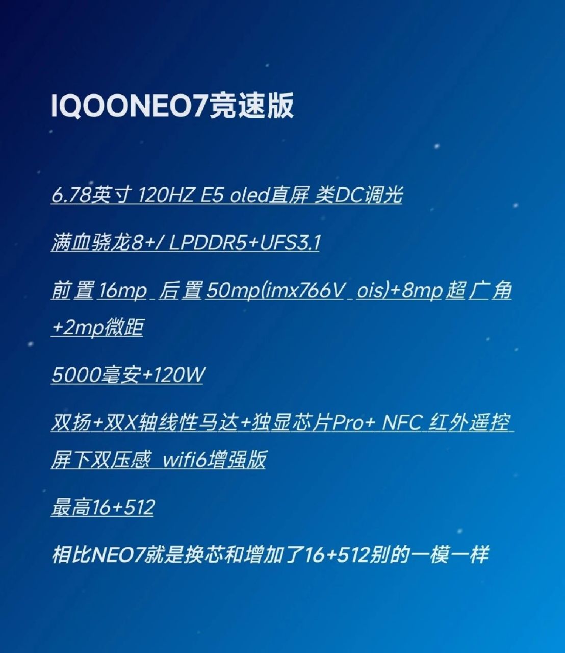 iqooneo7竞速版参数