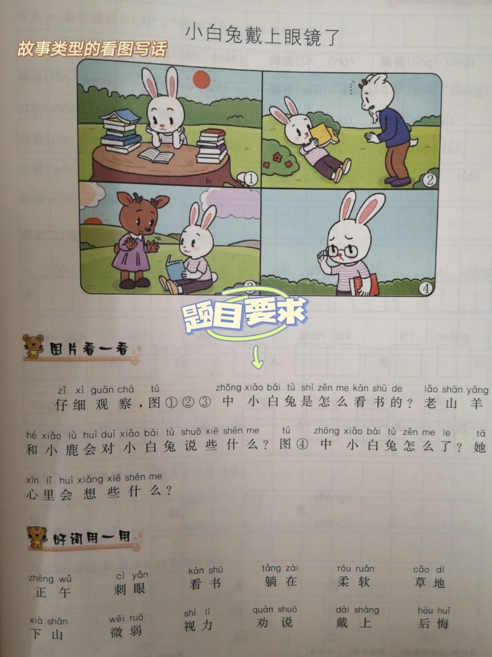 【看图写话】题目—小白兔戴上了眼镜了 97这是一篇4幅图组成的看图