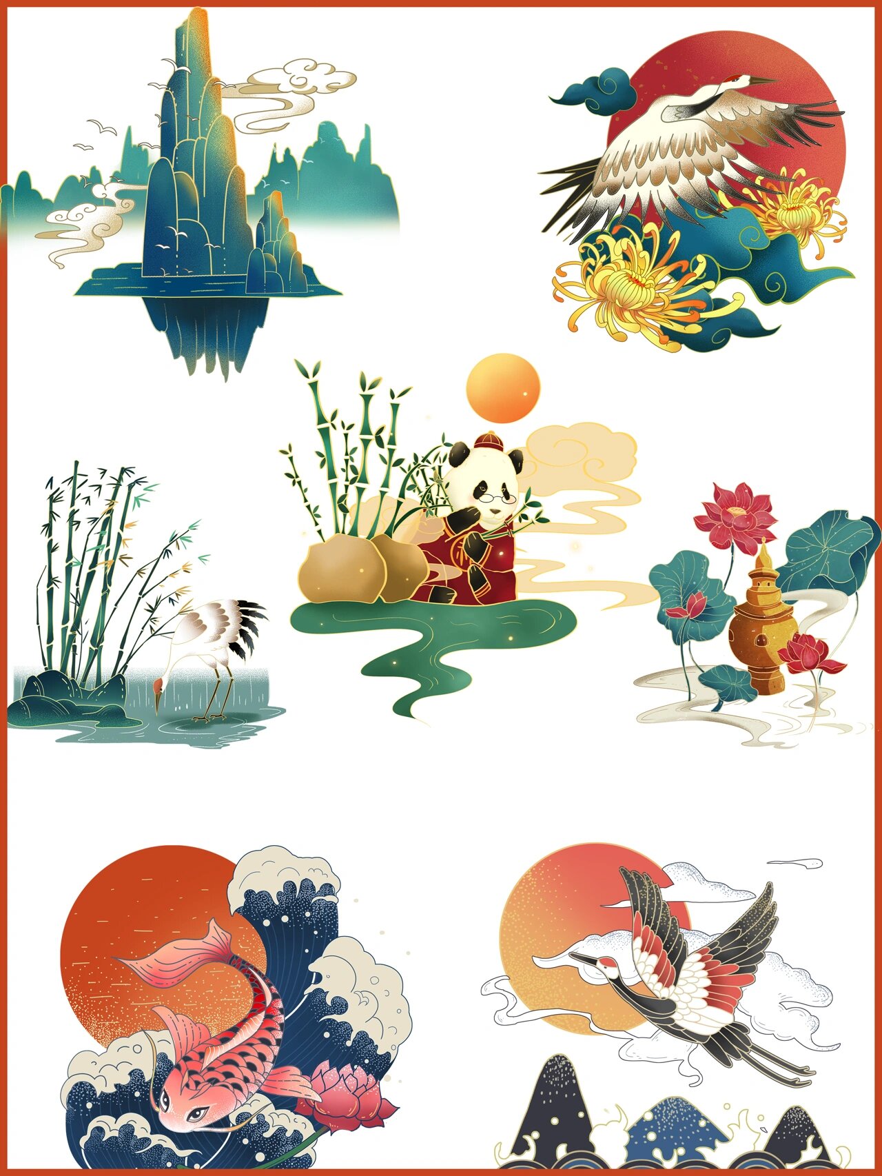 手绘插画素材集✨仙鹤国风插画