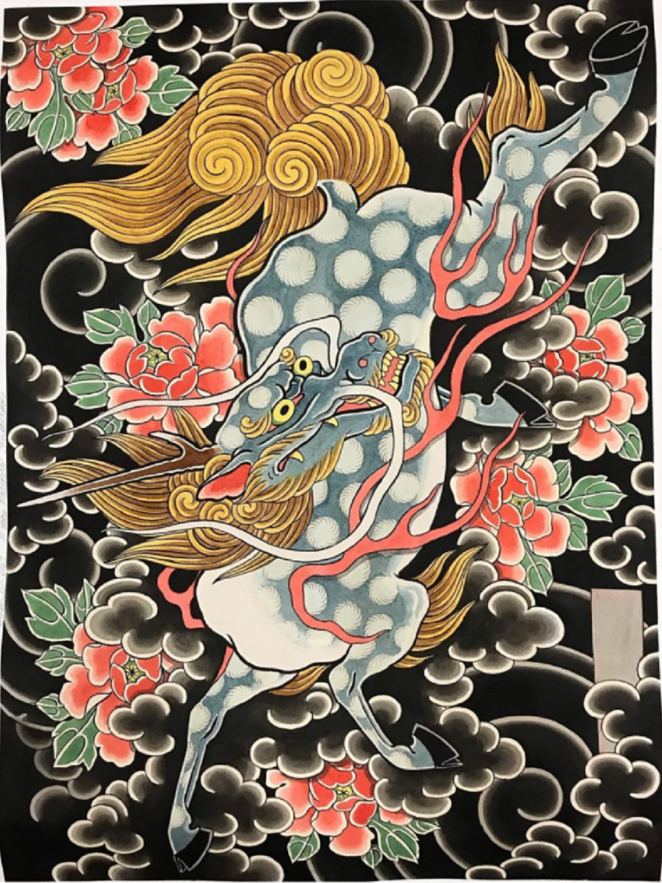 日式老传统麒麟纹身手稿