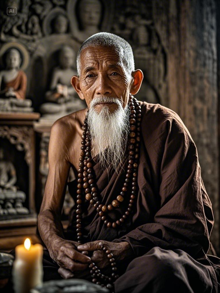 一个老年人,信佛之人,脸上有皱纹有白胡须,身穿和尚服装,颈部佩戴佛珠