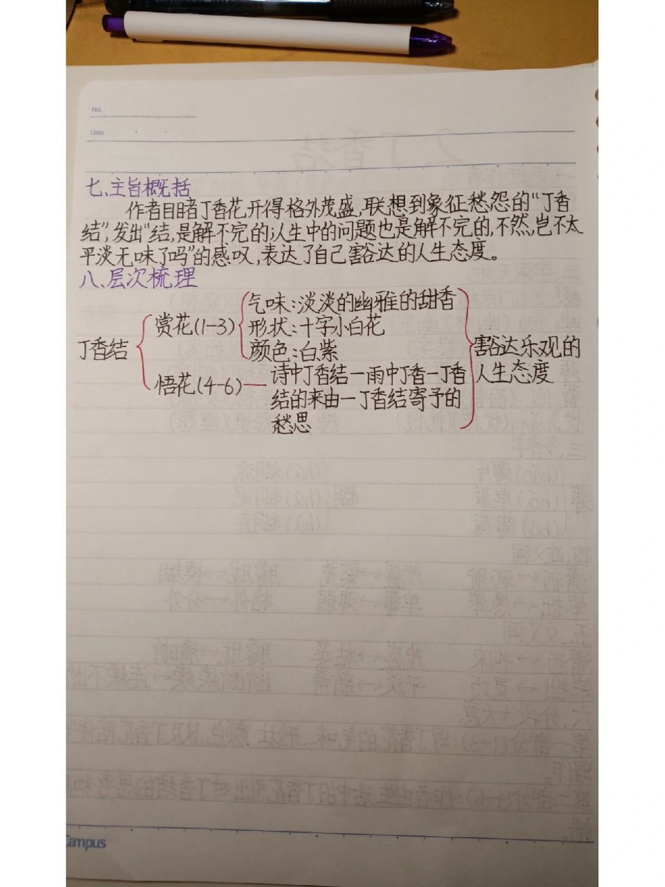六年级上册第二课丁香结笔记 字有点丑,不要介意,用笔如下,紫笔:斑马