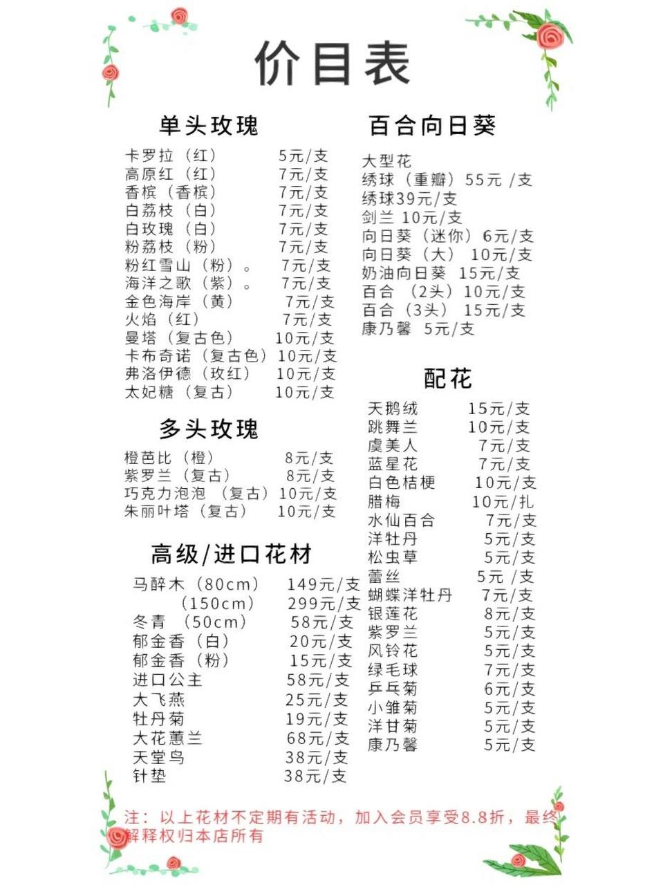 长沙花店 | 花店价目表 终于把店里的鲜花价格表给定下来了啦之前因为