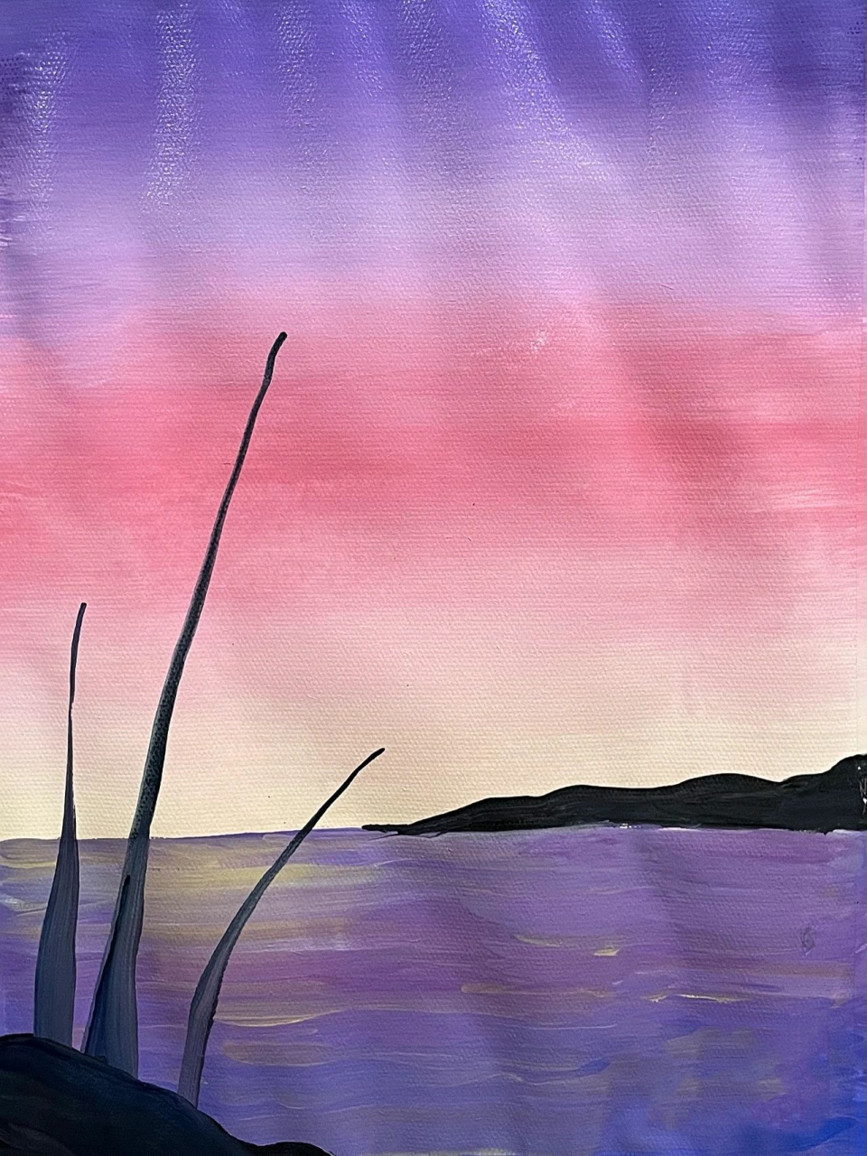 水粉风景画《海边椰树》 1:铺色    紫色→粉色→淡黄77白→淡黄