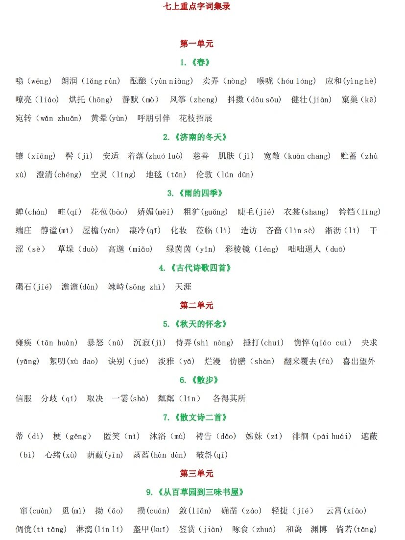 期末复习丨七年级上册重点词语