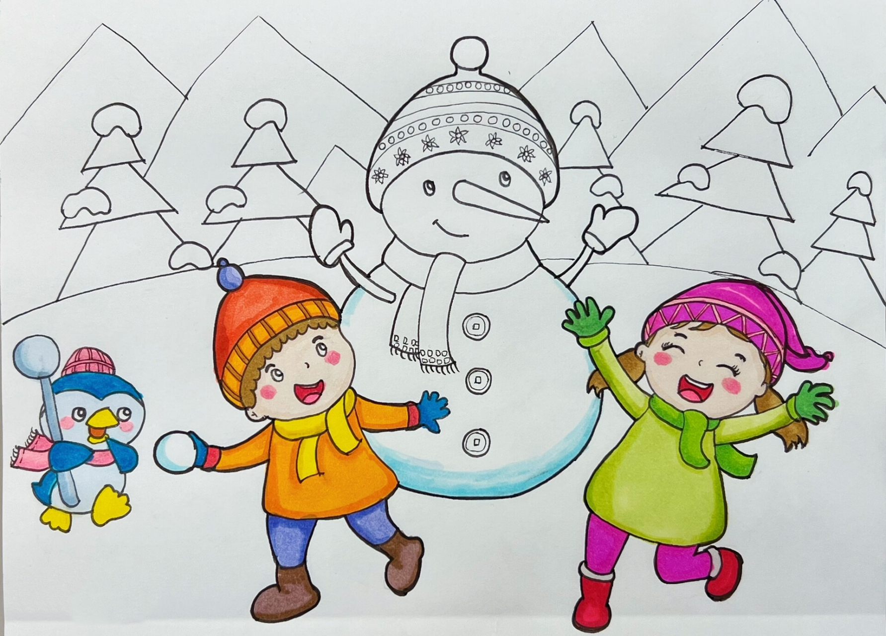 儿童画 |冬天 99【冬天】主题画99 7015冬日美景,冬天主题画