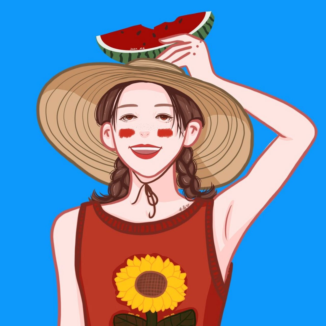 插画 | 头像 |91夏天是吃西瓜的季节丫 94四种颜色背景,有腮红跟
