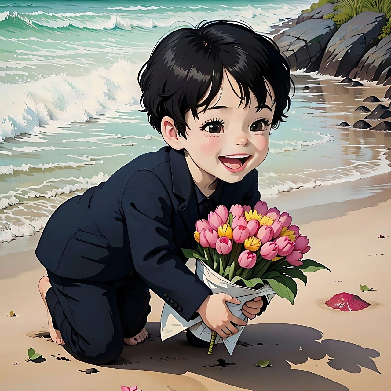 捧花去海边约会了|情侣头像