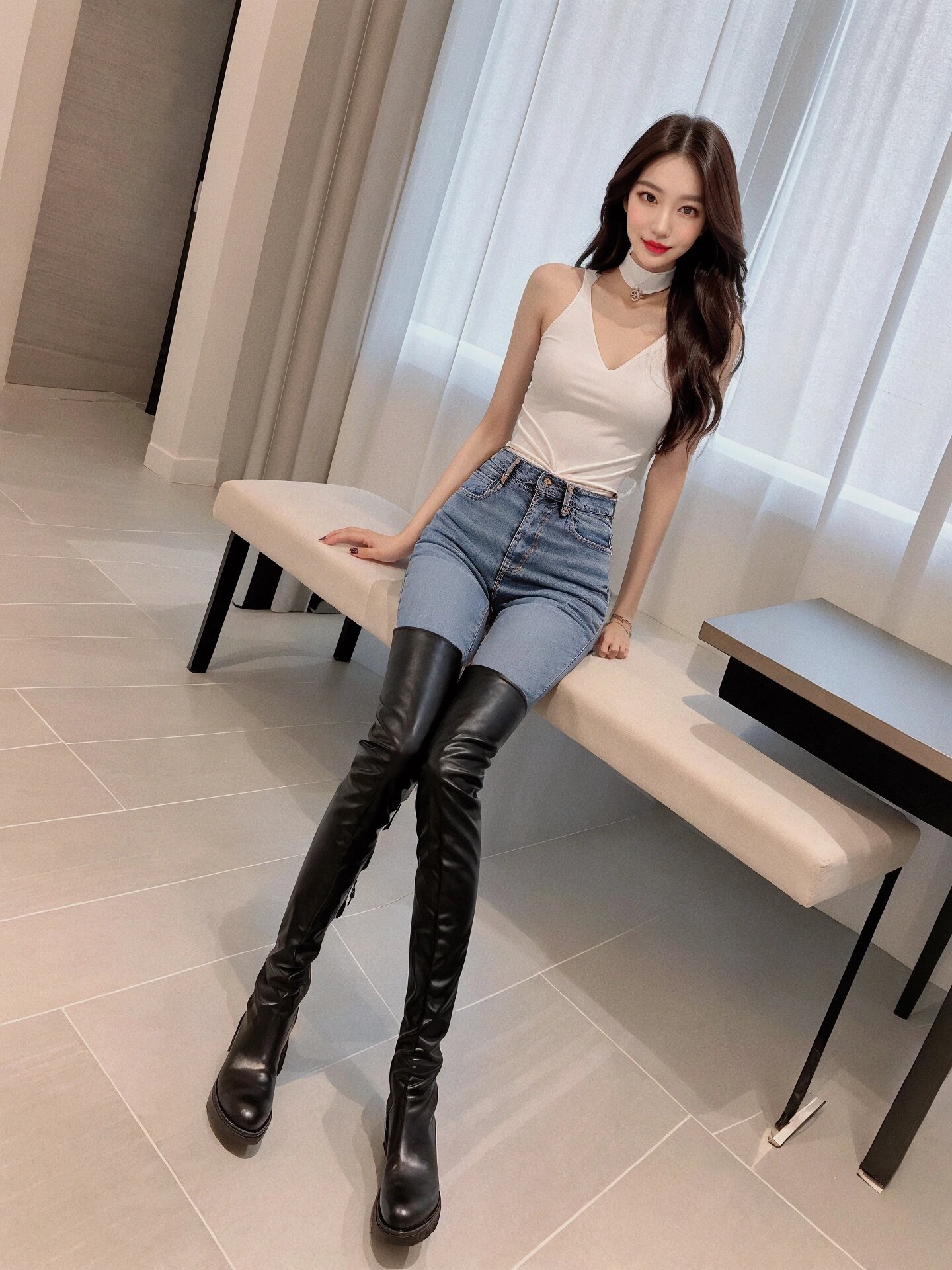 牛仔裤黑靴白靴