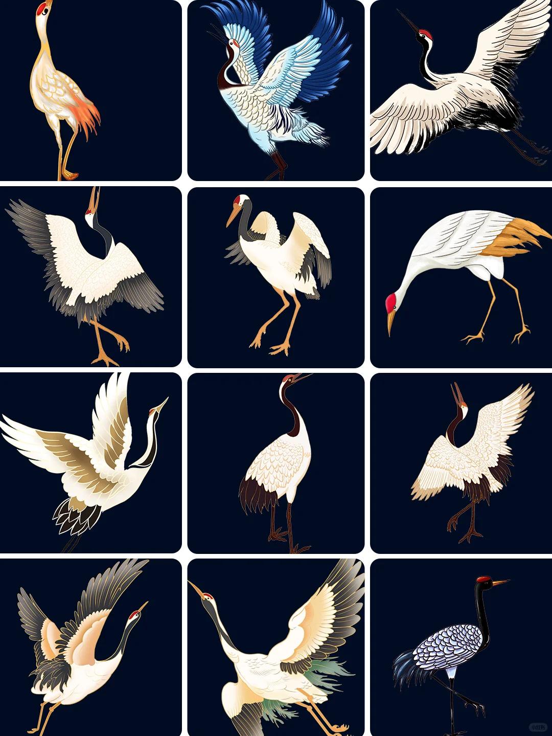 97今天给大家带来一组05国潮手绘中国风仙鹤白鹤飞鹤线稿插画图案