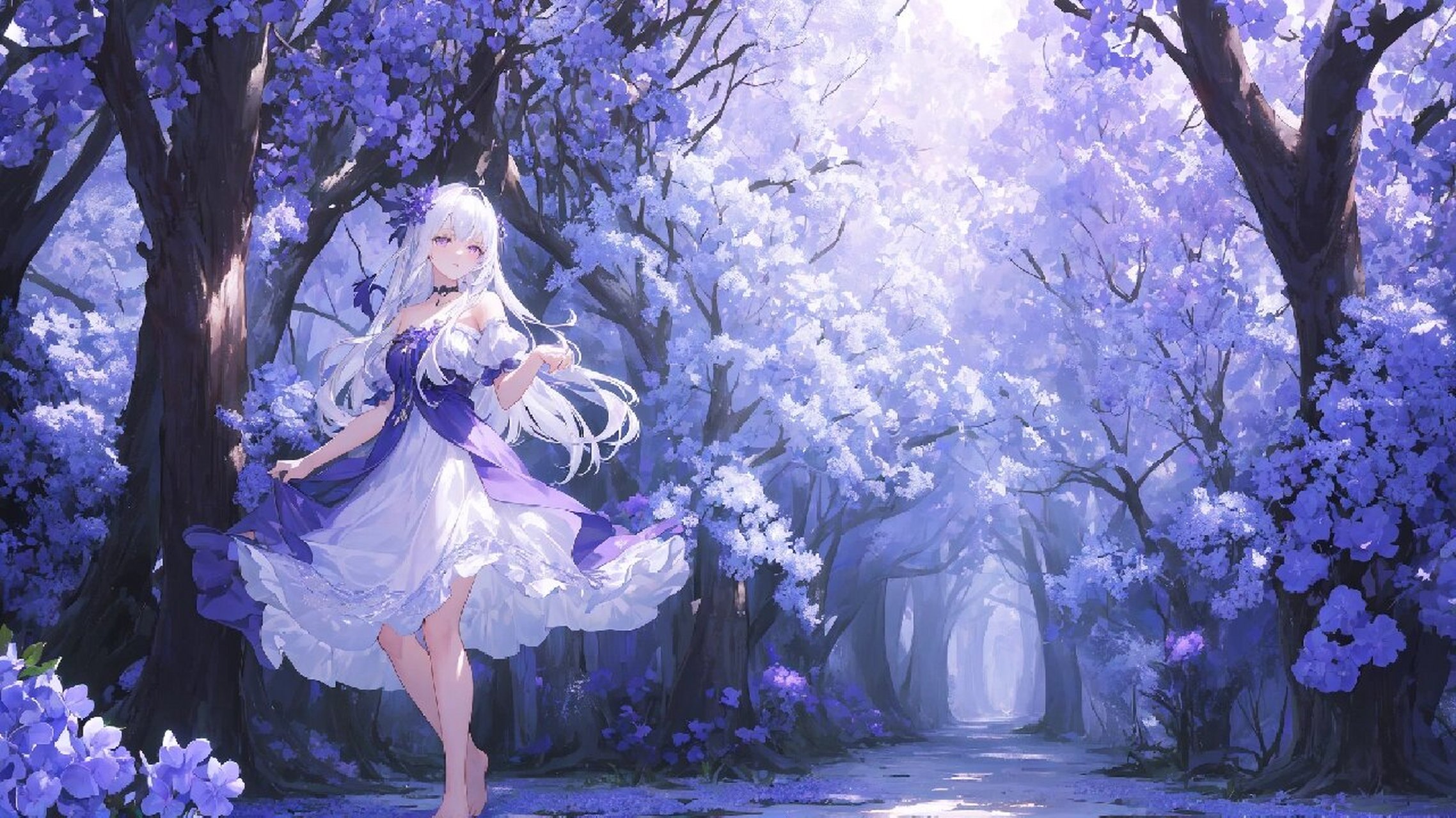 08 银发紫眸的少女,/紫藤花/鸢尾花/蓝楹花,漫步在静谧的林间小道#ai