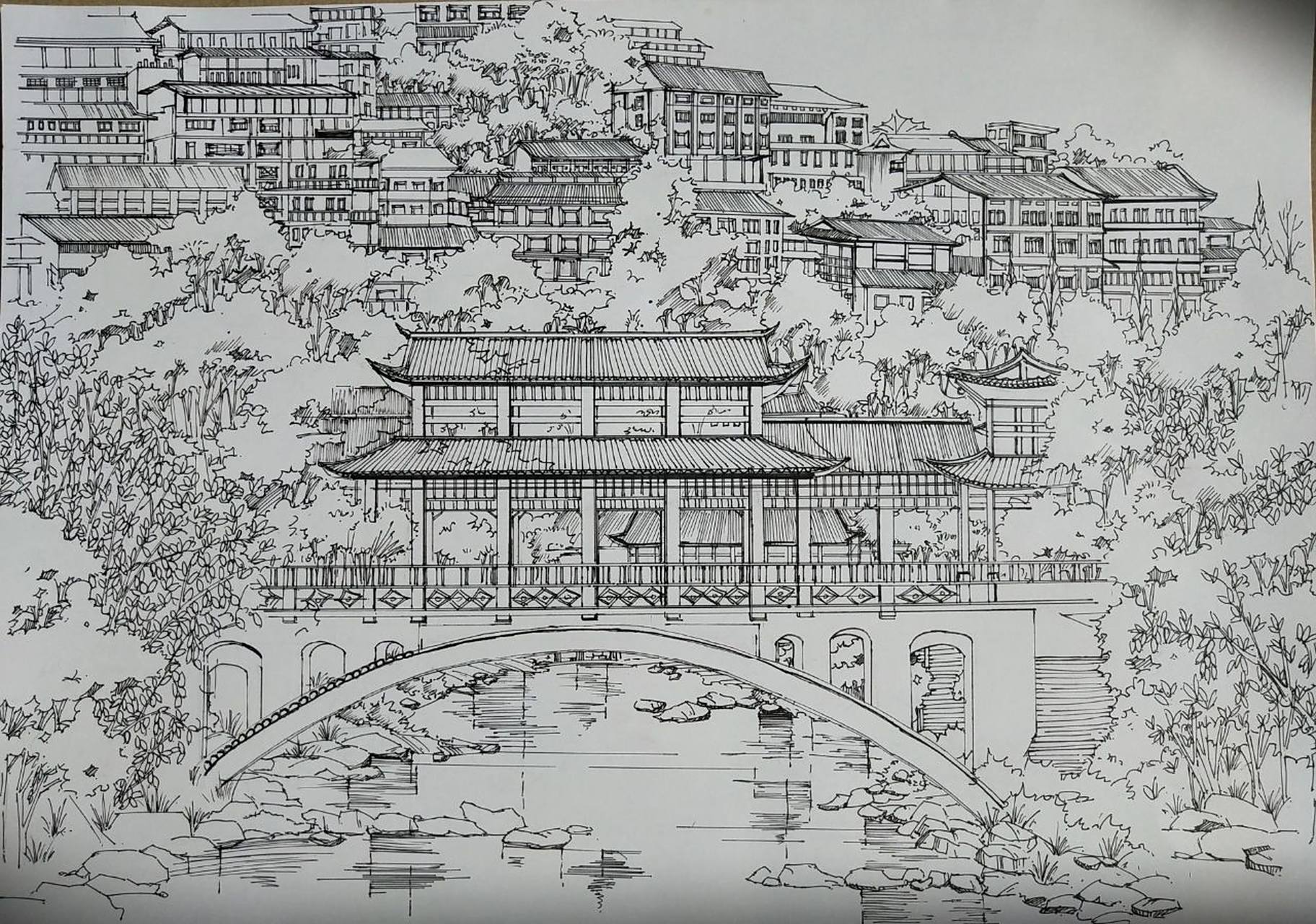 西江千户苗寨 建筑速写② 千户苗寨风雨桥,感觉自己在植物的表现线条