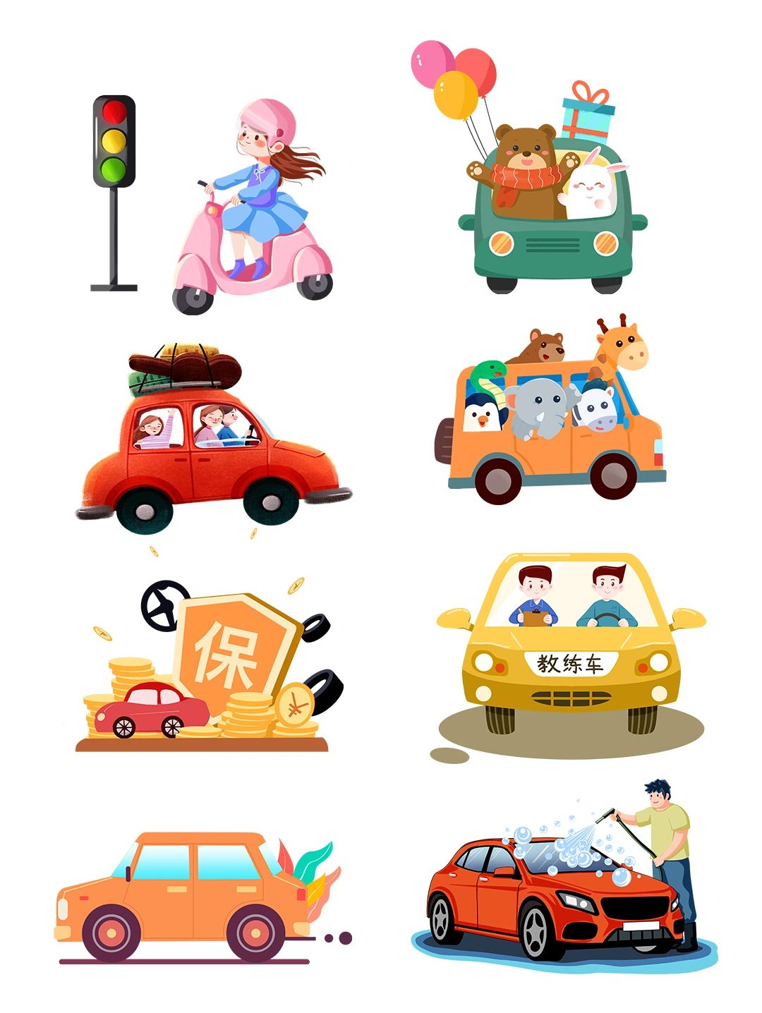 卡通汽车可爱人物|小动物坐车免扣素材合集