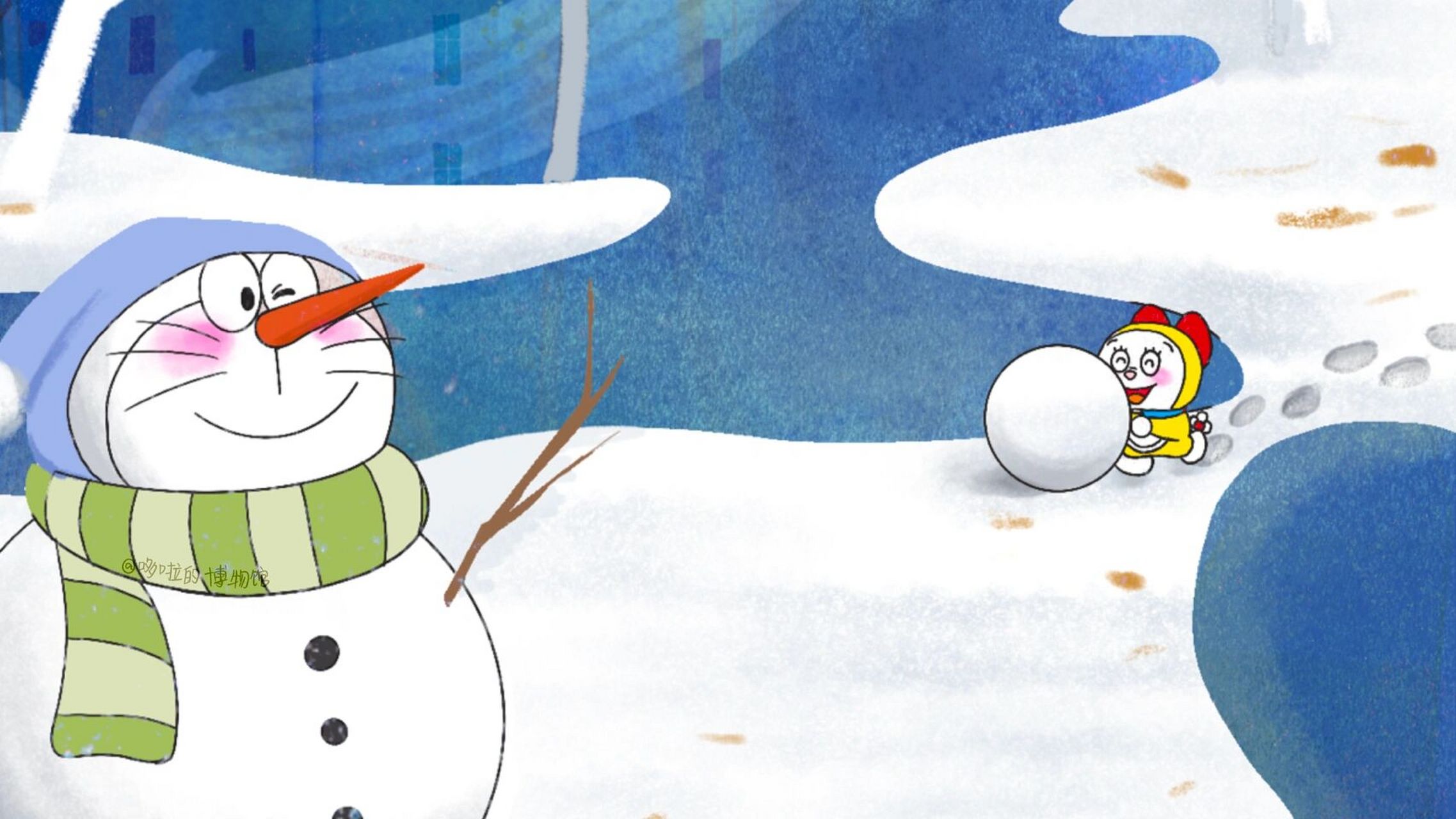 哆啦a梦壁纸,堆一个哆啦a梦小雪人吧 绘图:哆啦的博物馆7015谢诗