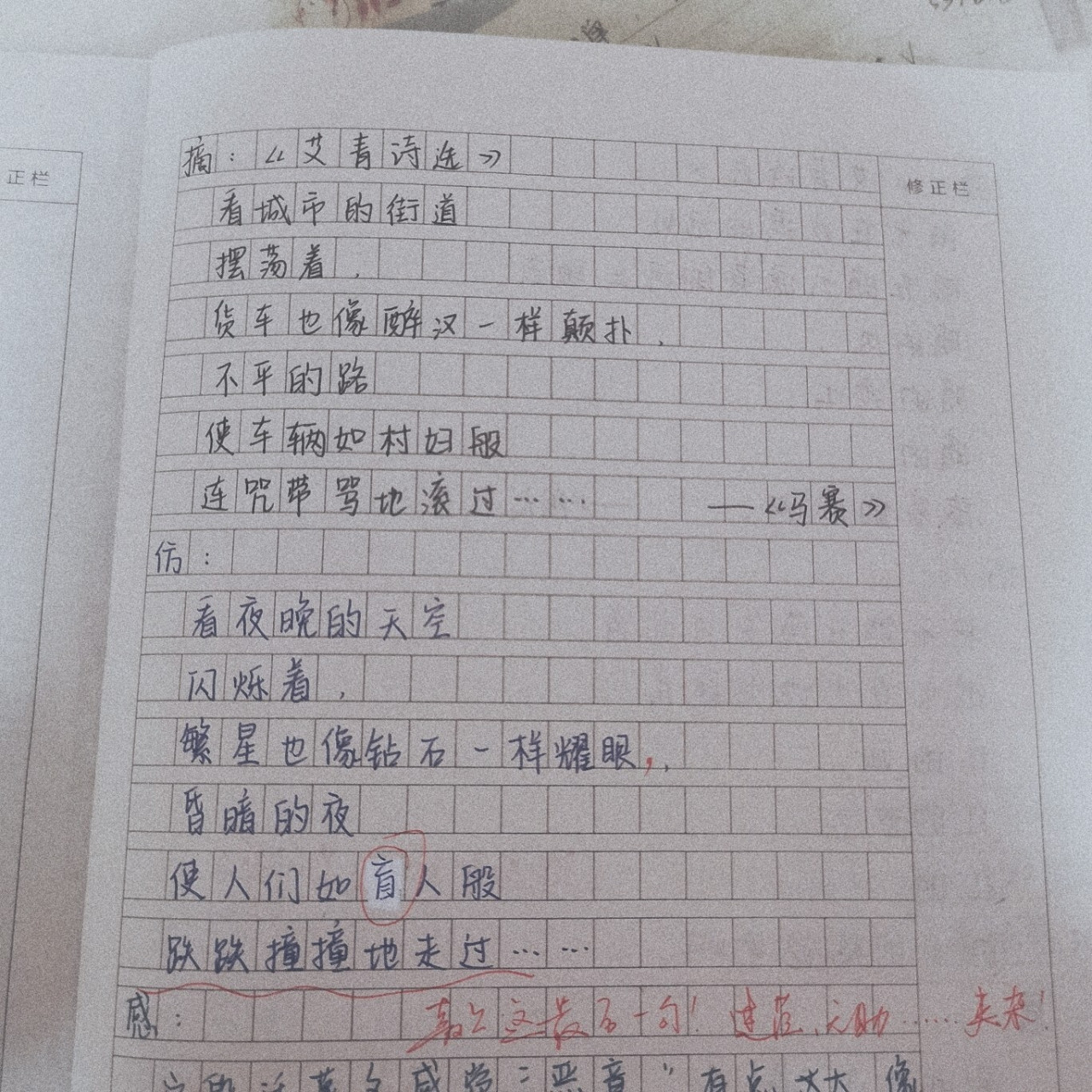 初三语文:《艾青诗选》摘抄 仿写 这是近一个月的语文作业呀 每天仿写