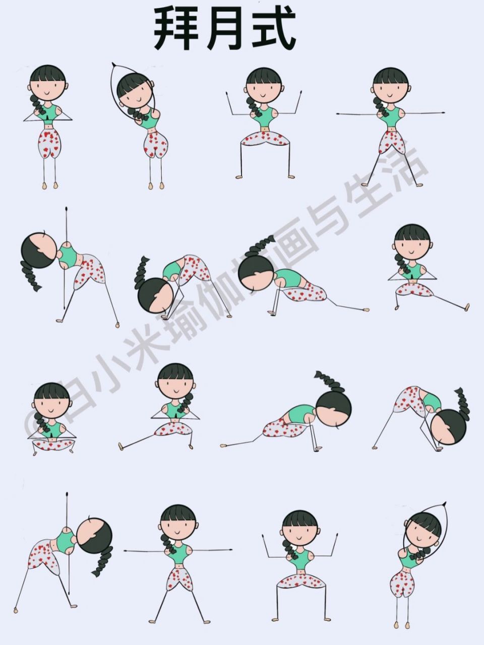 瑜伽插画|瑜伽小人图|拜月式 拜月式小人图,详细口令等可以查看上一篇