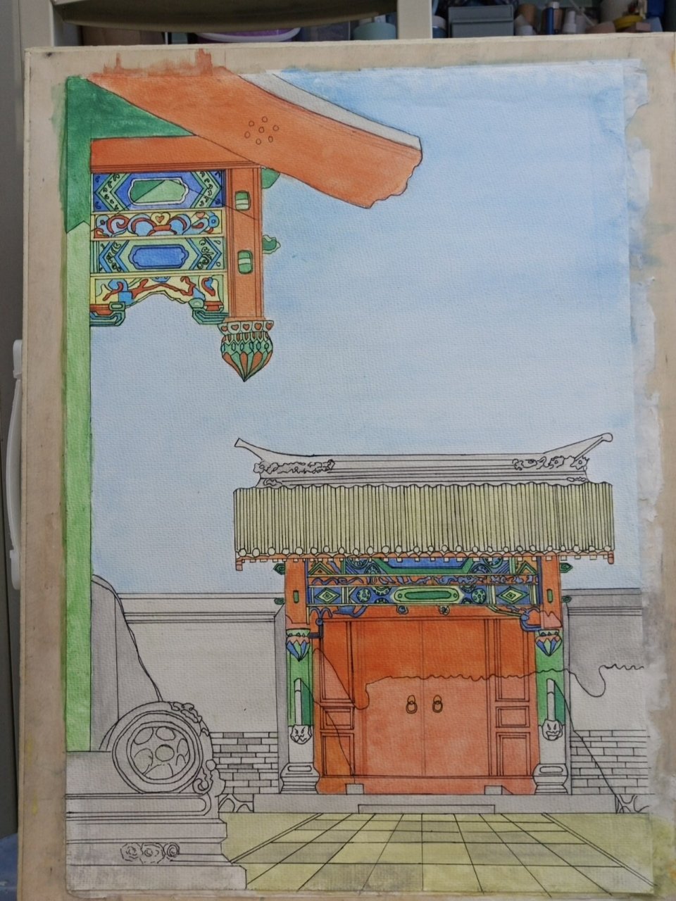 水彩画"清代垂花门" 画了两天半终于完成啦,小白一个,自己随便画的!
