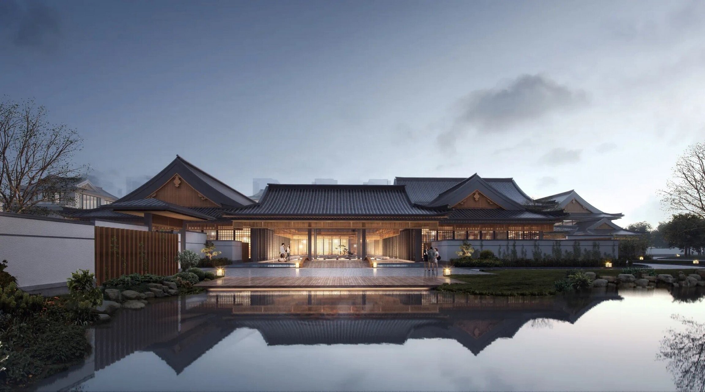 的游客中心 在整体的比例和形态上则以抽象的手法表现唐风的大气特征