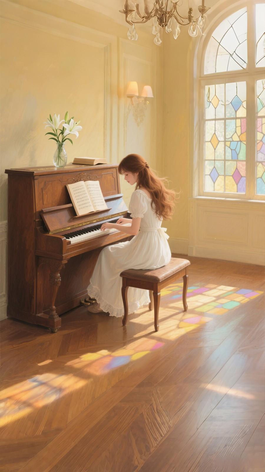 暖黄的光线弥漫房间,她面带微笑,在钢琴上灵动跳跃