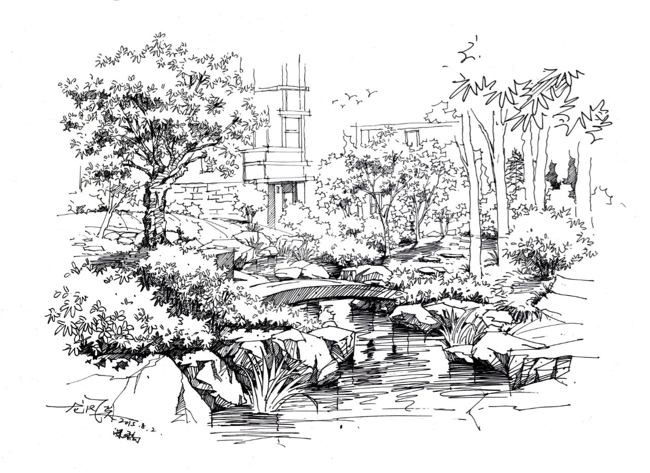 风景园林手绘场景线稿作品分享2