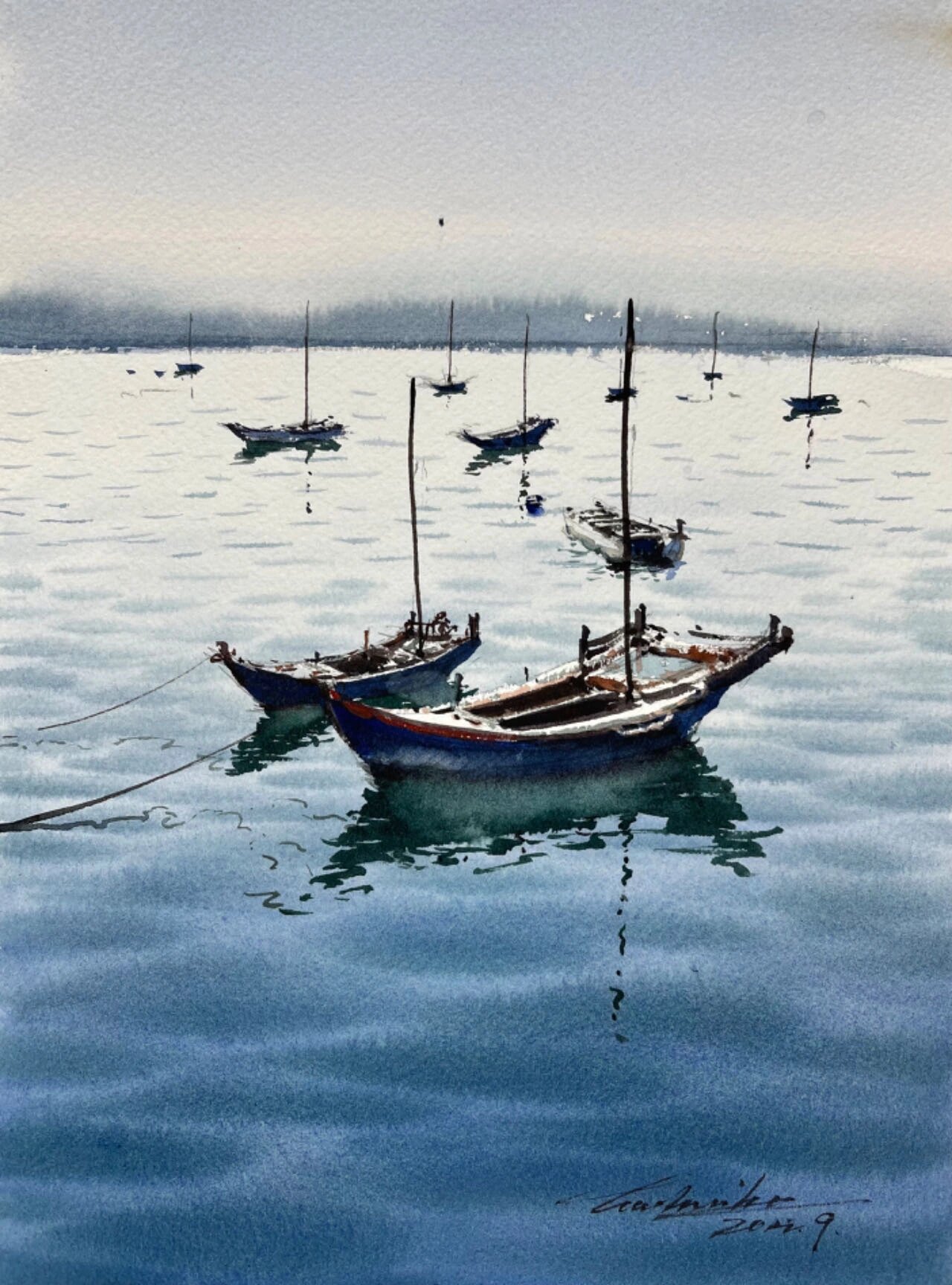 夏日海景·波光粼粼 #水彩# #海景# #船# #水彩过程# #水彩画# #水彩