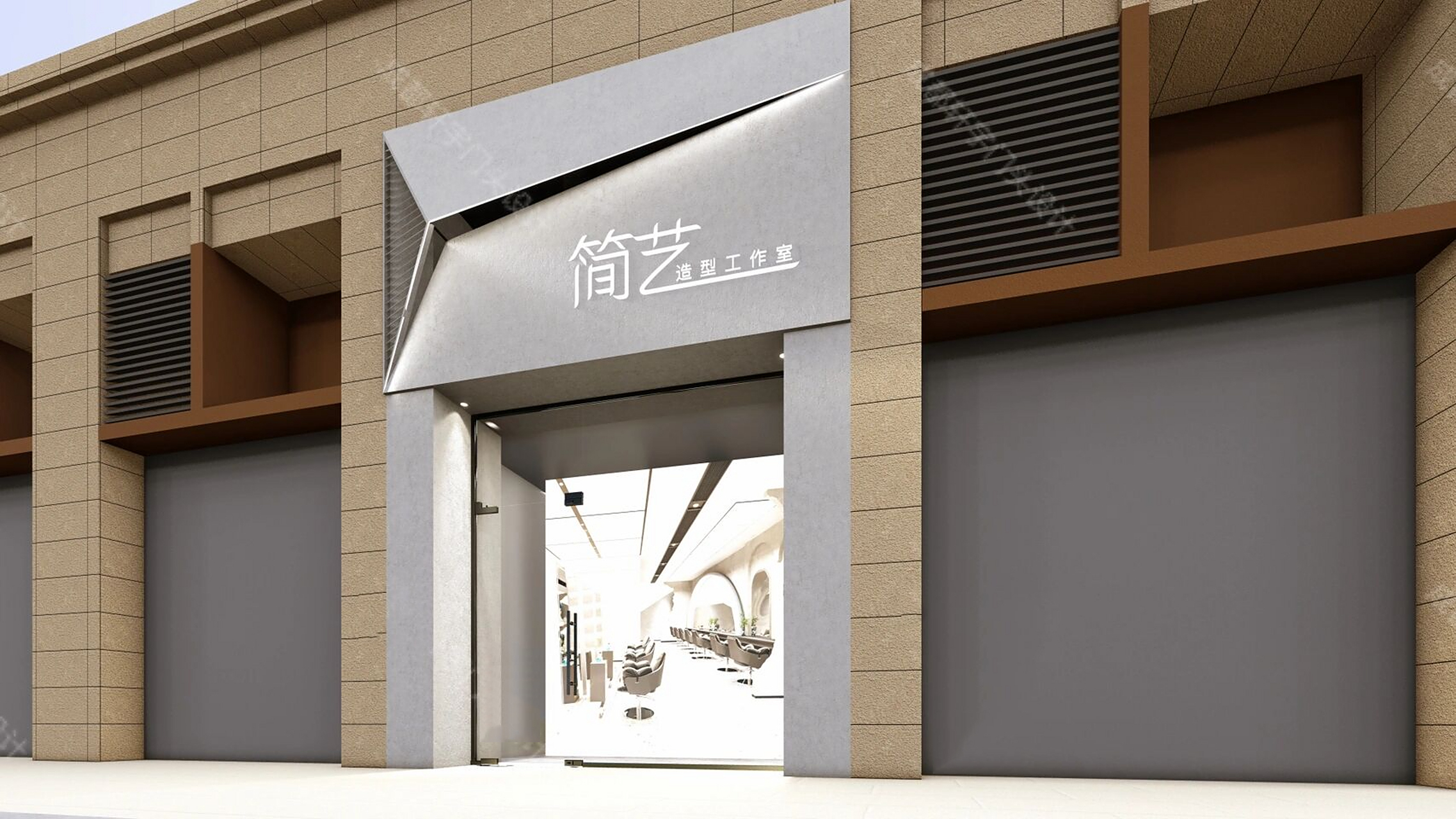 简约时尚大方的理发店门头设计案例 门头有空调外机怎么办?
