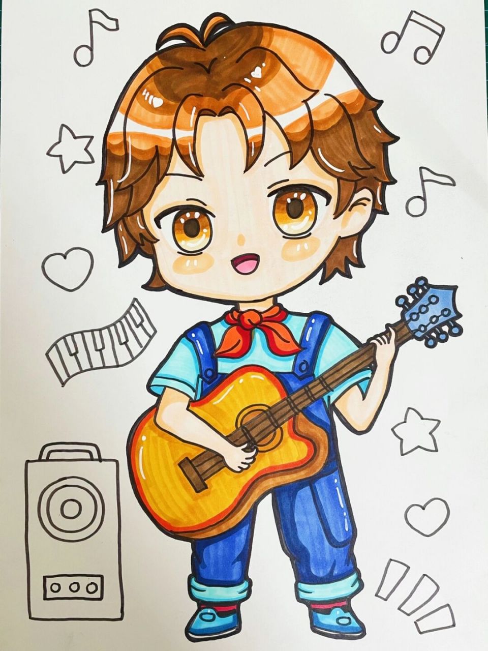 弹吉他的小男孩 马克笔手绘 动漫男孩 弹吉他的的小男孩,唱歌的的小