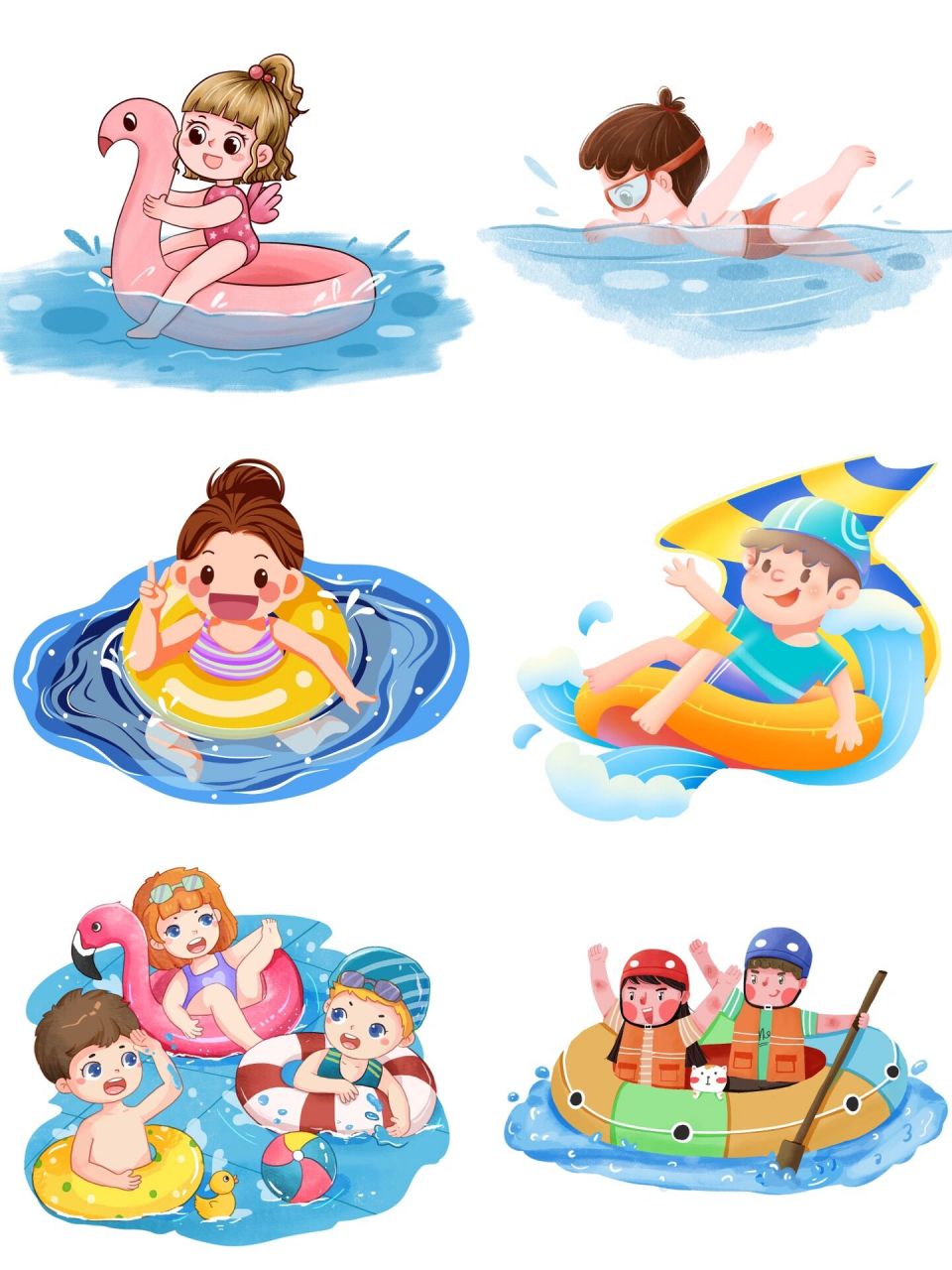 90夏季漂流卡通人物游玩玩水漂流元素 90游泳卡通角色游泳元素